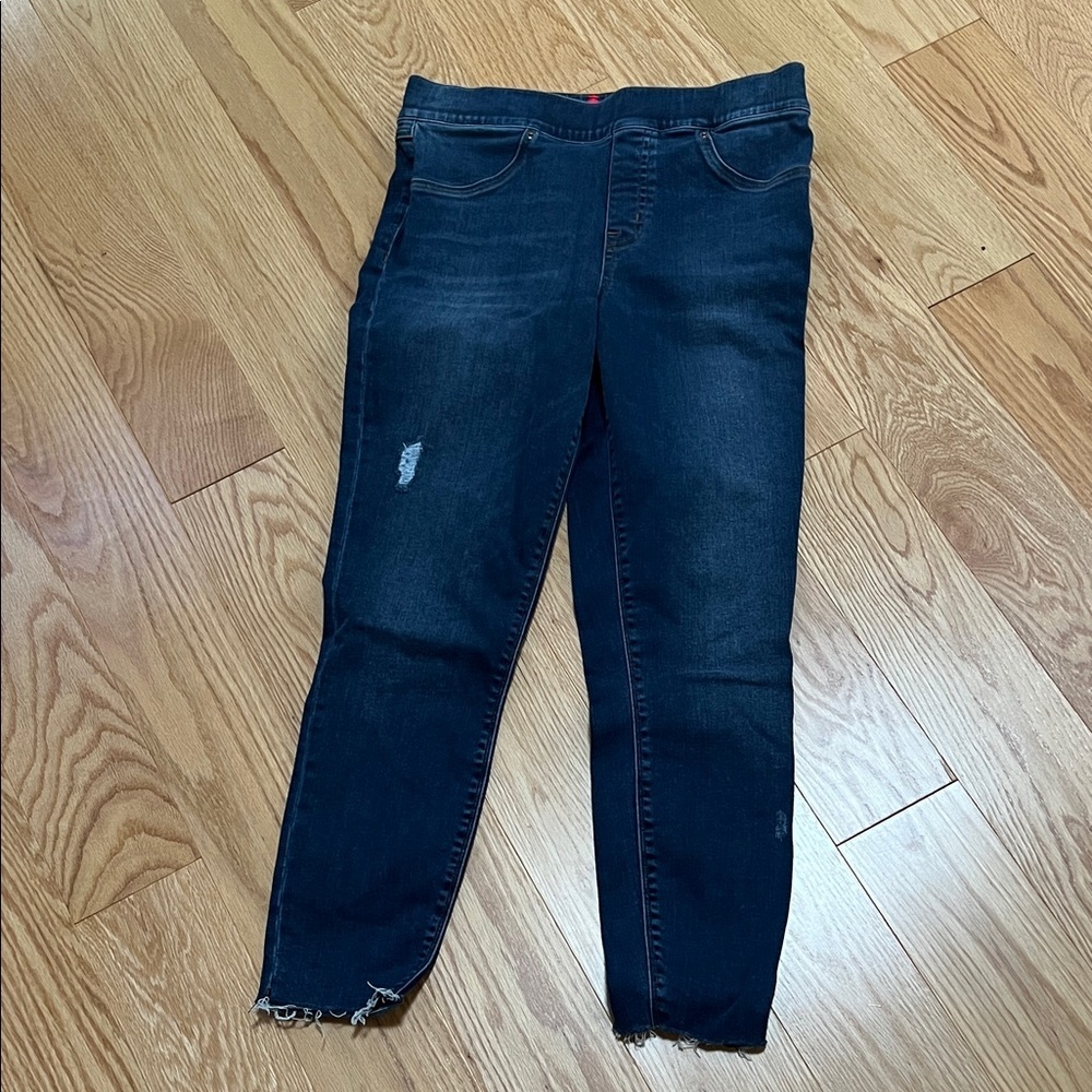 SPANX Dark Blue lightly distressed skinny denim jeans